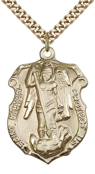 14KT GOLD FILLED ST MICHAEL PENDANT ON A CHAIN - 1 1/4" x 3/4"